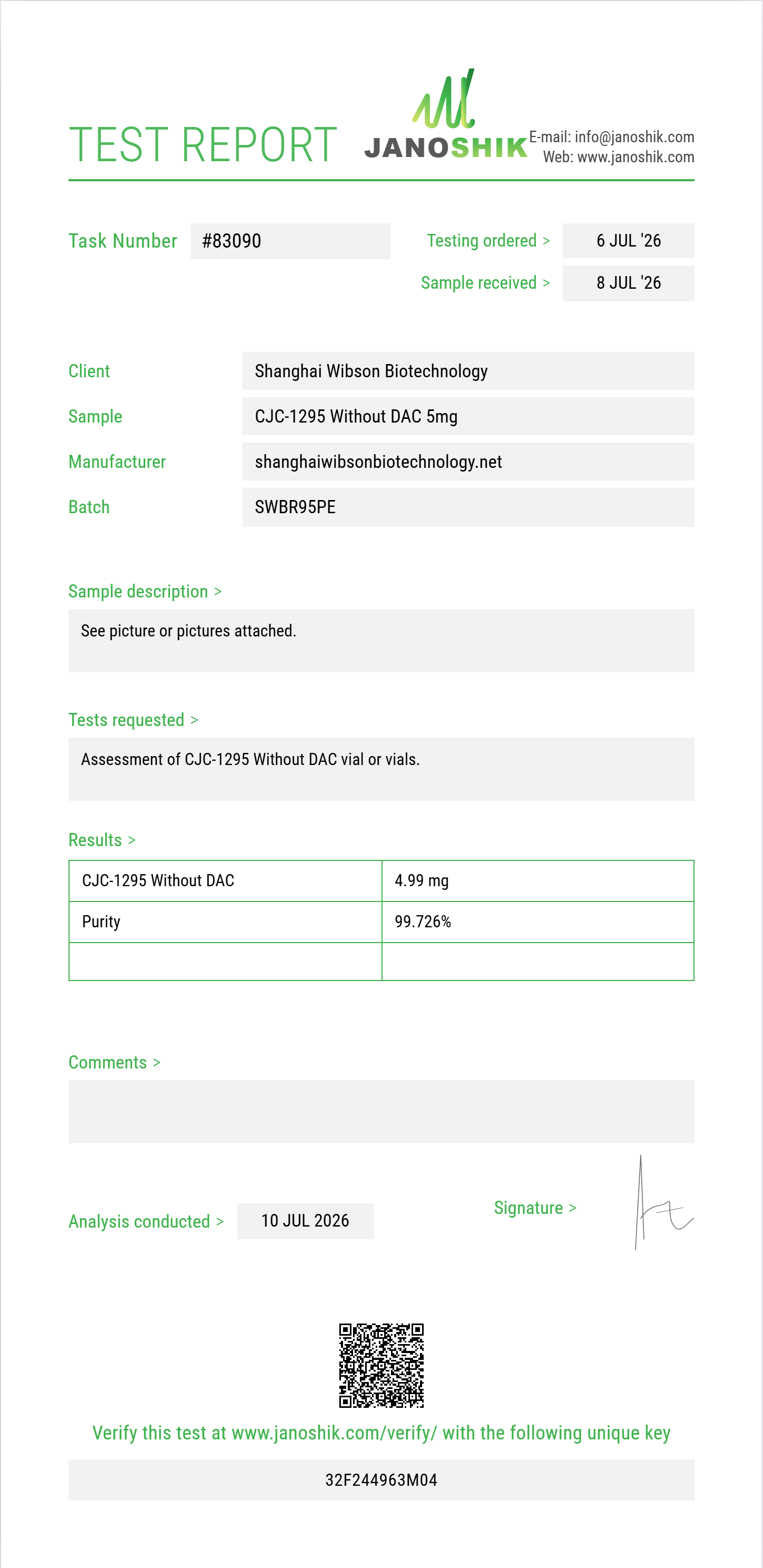 CJC-1295 Without DAC Purity (HPLC) report by Janoshik Analytical