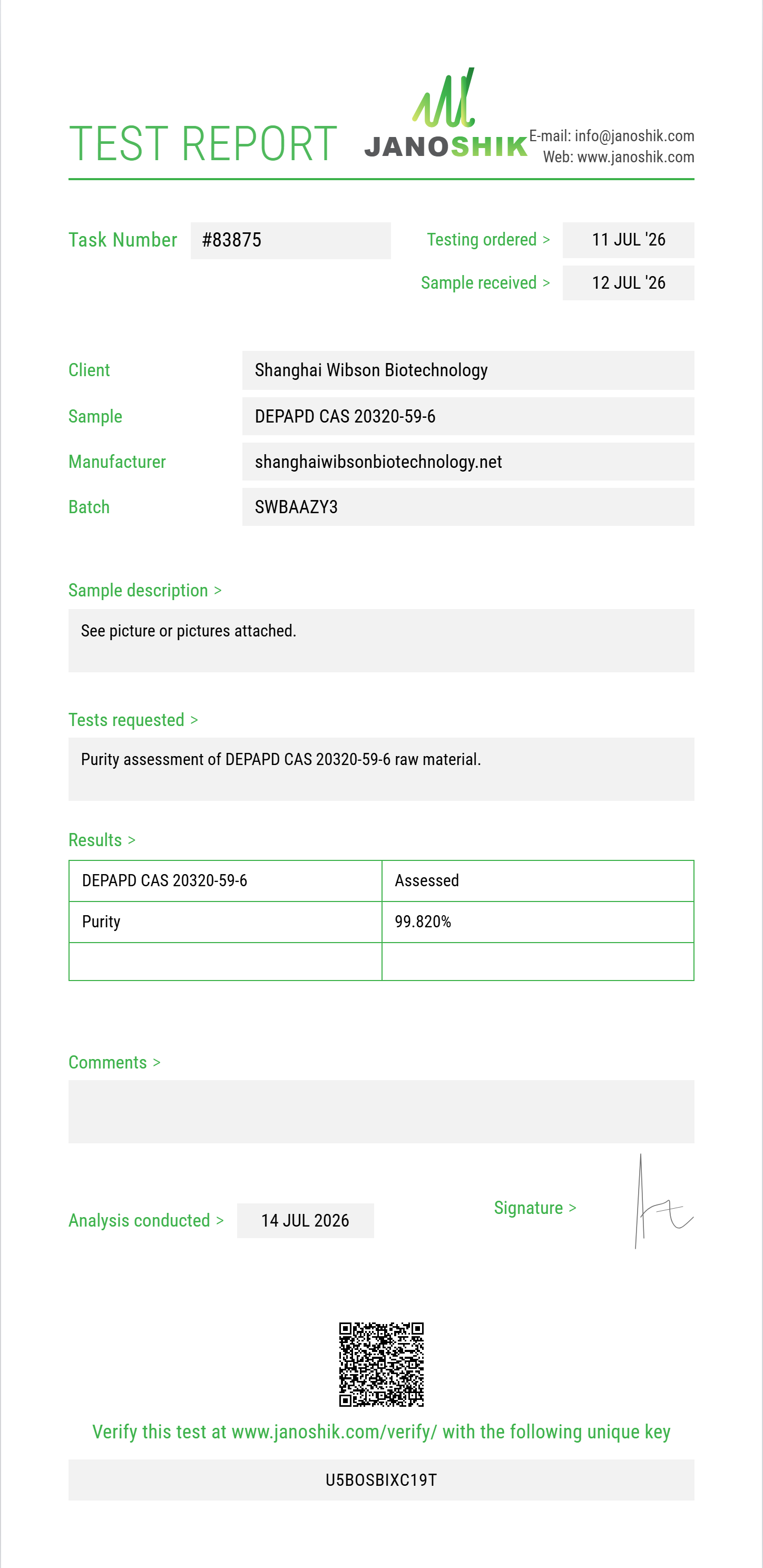 DEPAPD (diethyl phenylacetylpropanedioate) CAS 20320-59-6 Purity (HPLC) report by Janoshik Analytical