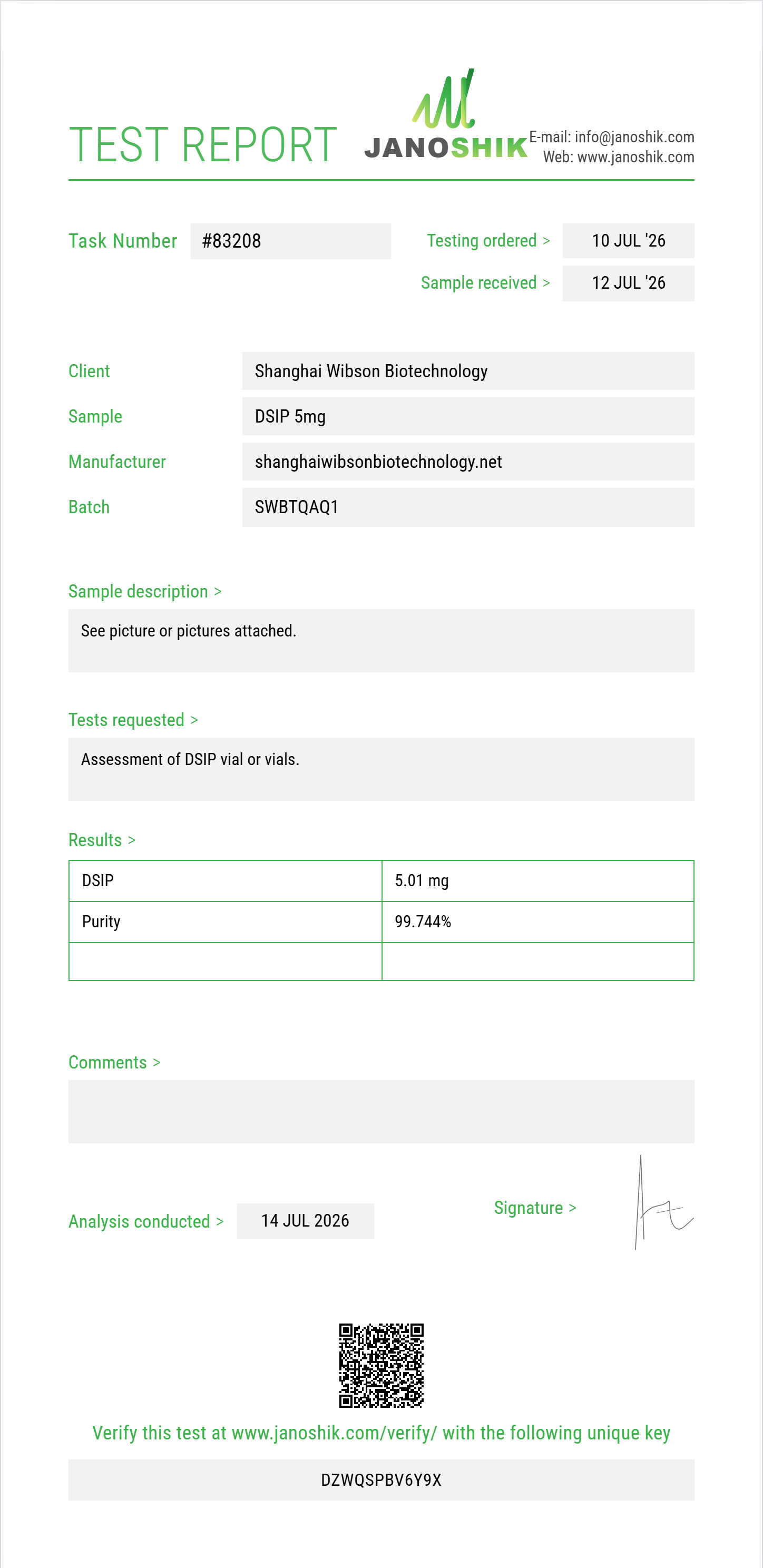 DSIP Purity (HPLC) report by Janoshik Analytical